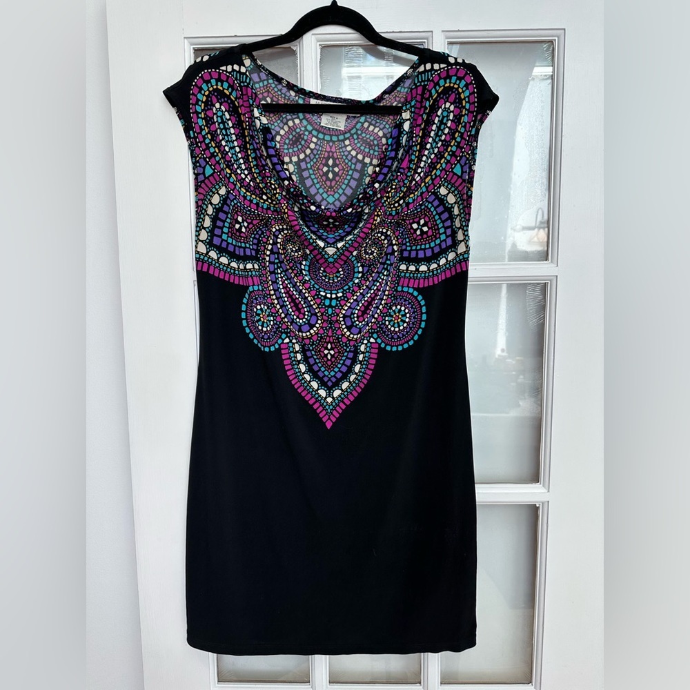 Vintage Maggy London Y2K Black Sleeveless Jewel Print Stretchy Dress Size 6 S